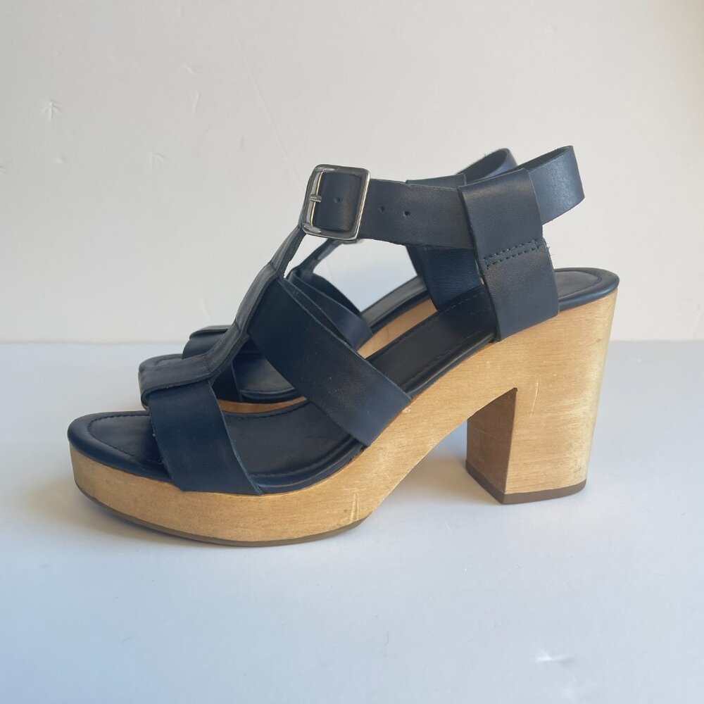 A.P.C. Navy Leather Platform Sandals with Wood Block Heel